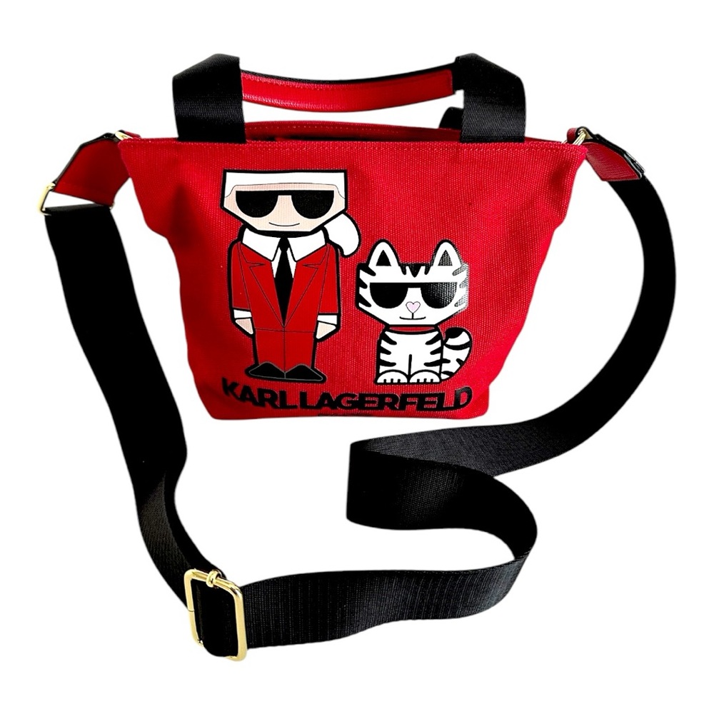 KARL LAGERFELD Red Canvas Crossbody Bag w Cartoon Karl & Choupette Cat Graphic